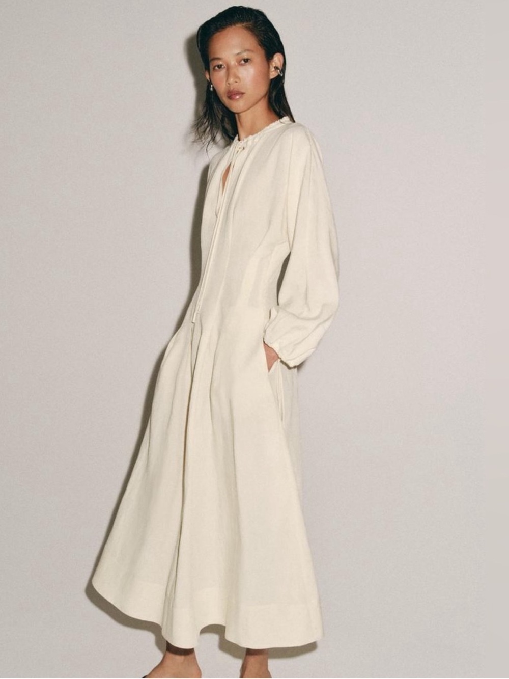 ZARA NWT Cream Long Sleeve V-Neck Maxi Dress